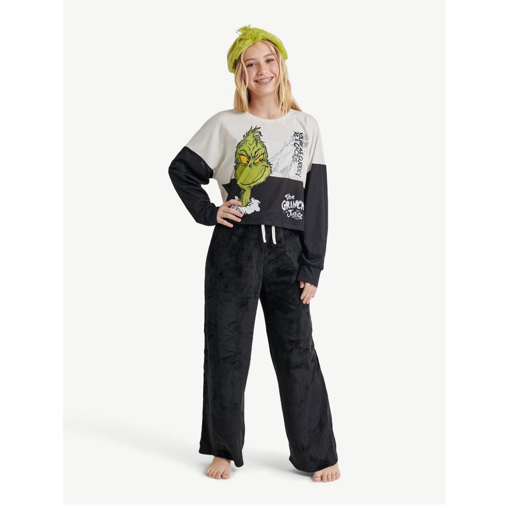 Justice Girls Grinch Long Sleeve Top and Wide Leg Pant with Grinch Headband,